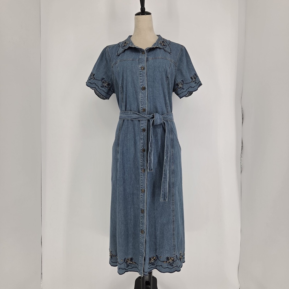 Womens Embroidery Studded Denim Shirt Dress Large Country Cowgirl Cottagecore